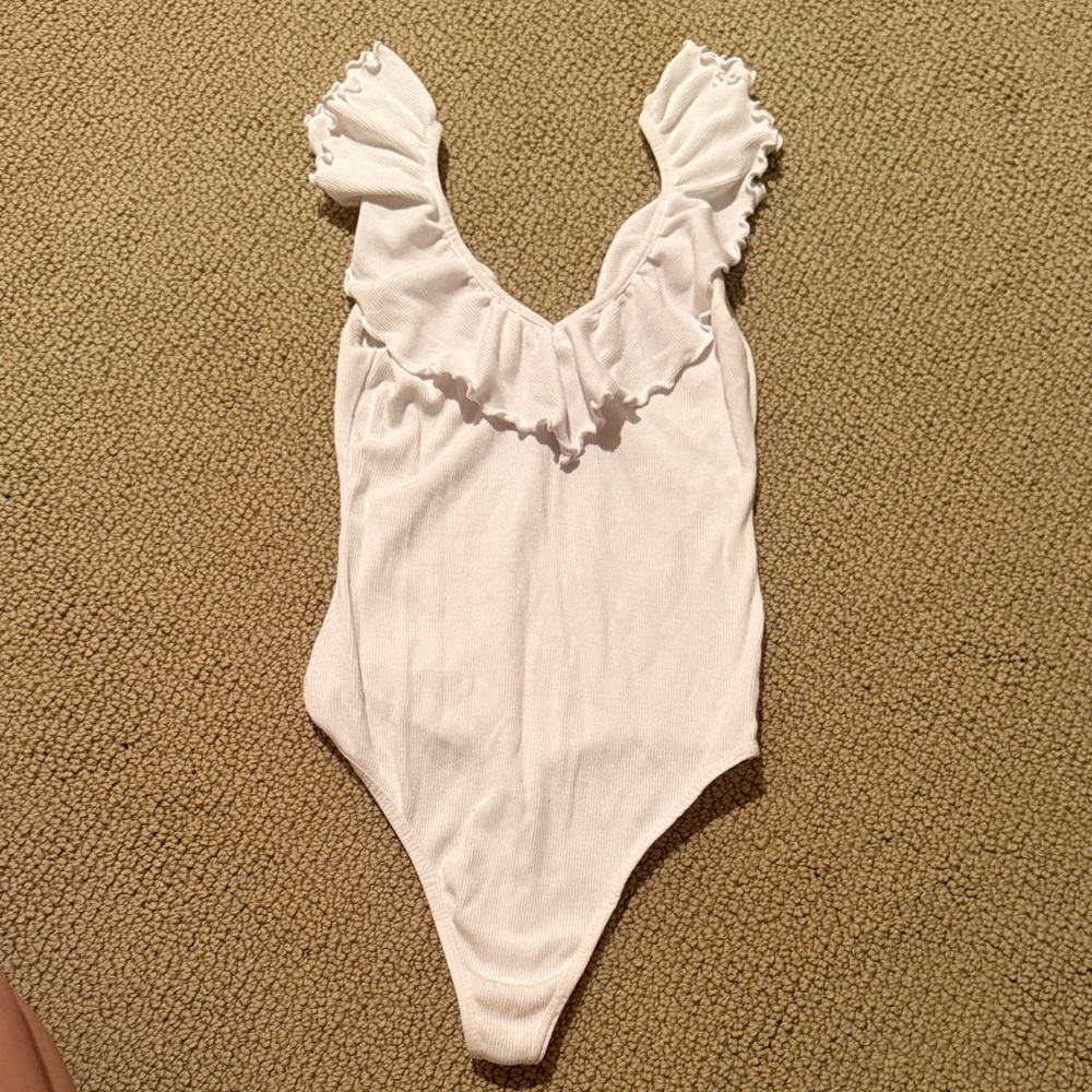 Wilfred Aritzia White Ruffled thong Bodysuit